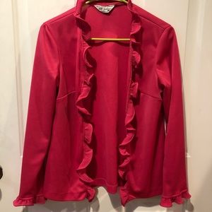 Pink open cardigan with ruffle edges